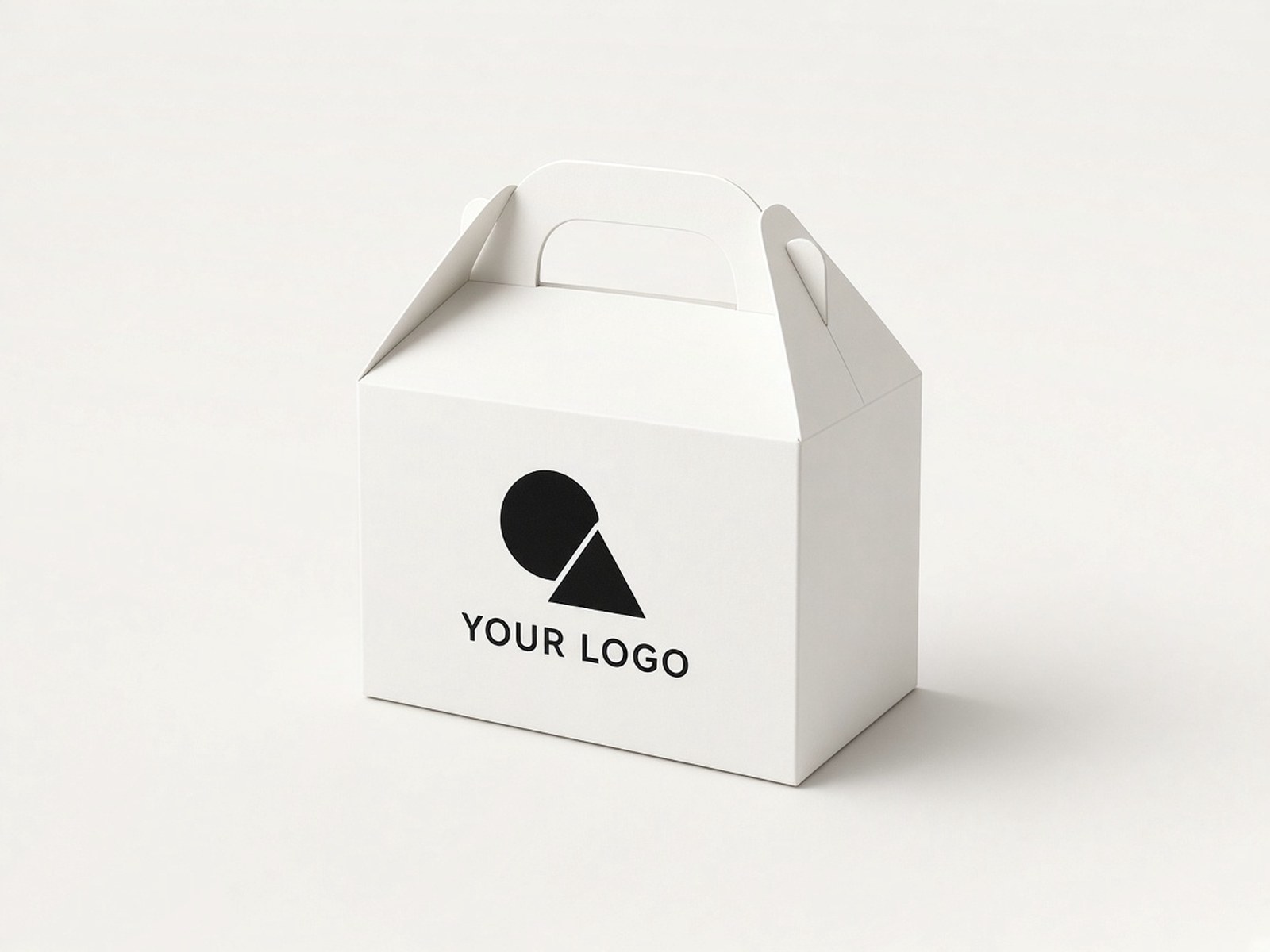 A white gable favor box with a handle, printed in black with an example logo.