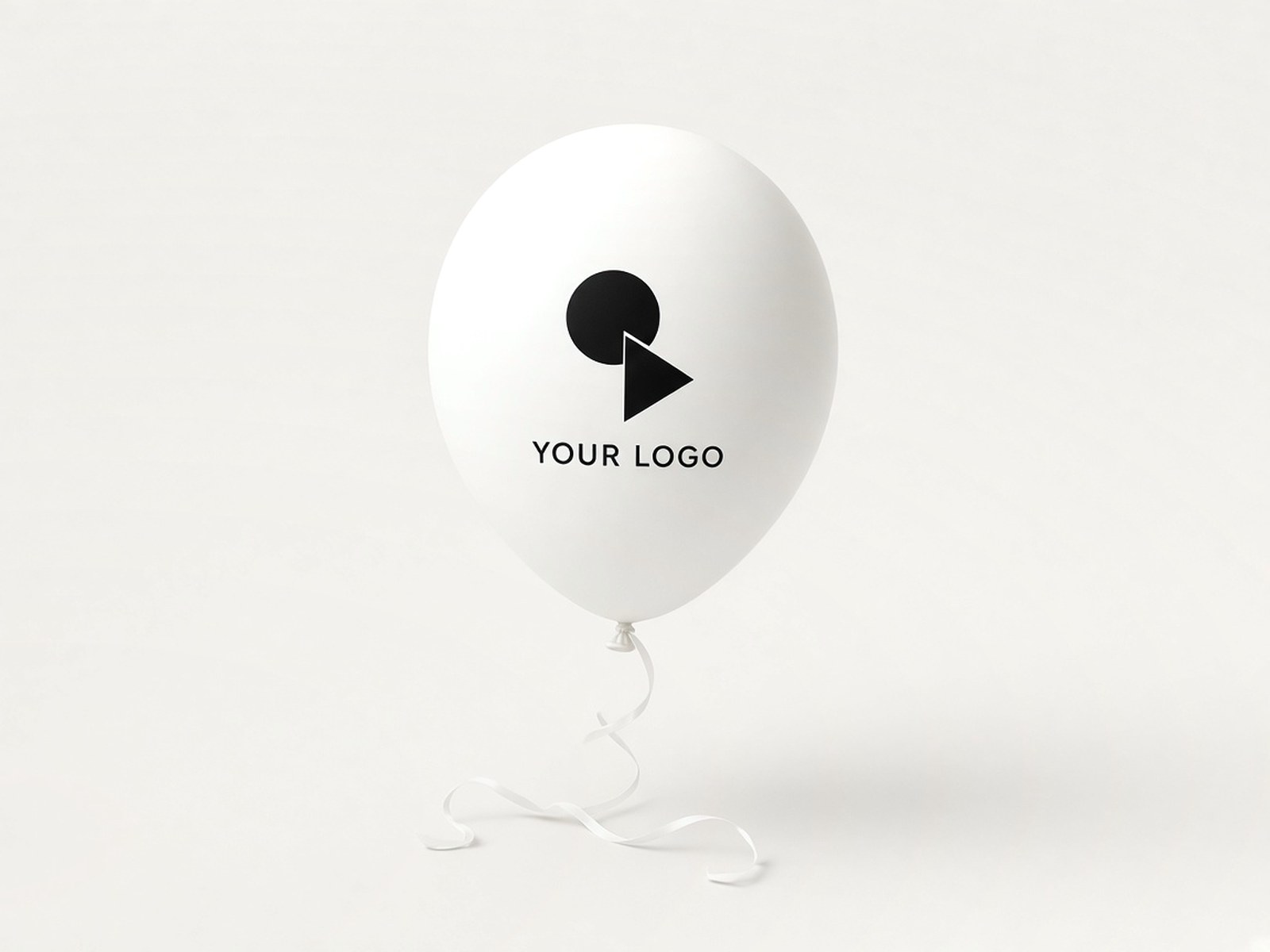 A white latex balloon with a ribbon, printed in black with an example logo.