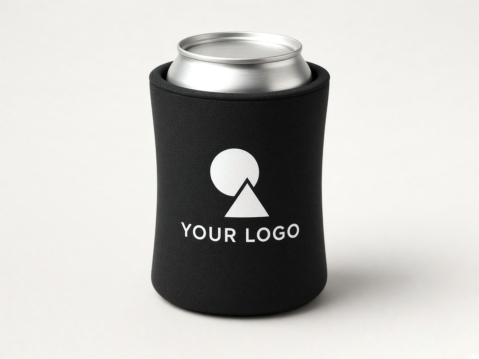 A black foam can cooler on a silver can, printed in white with an example logo.