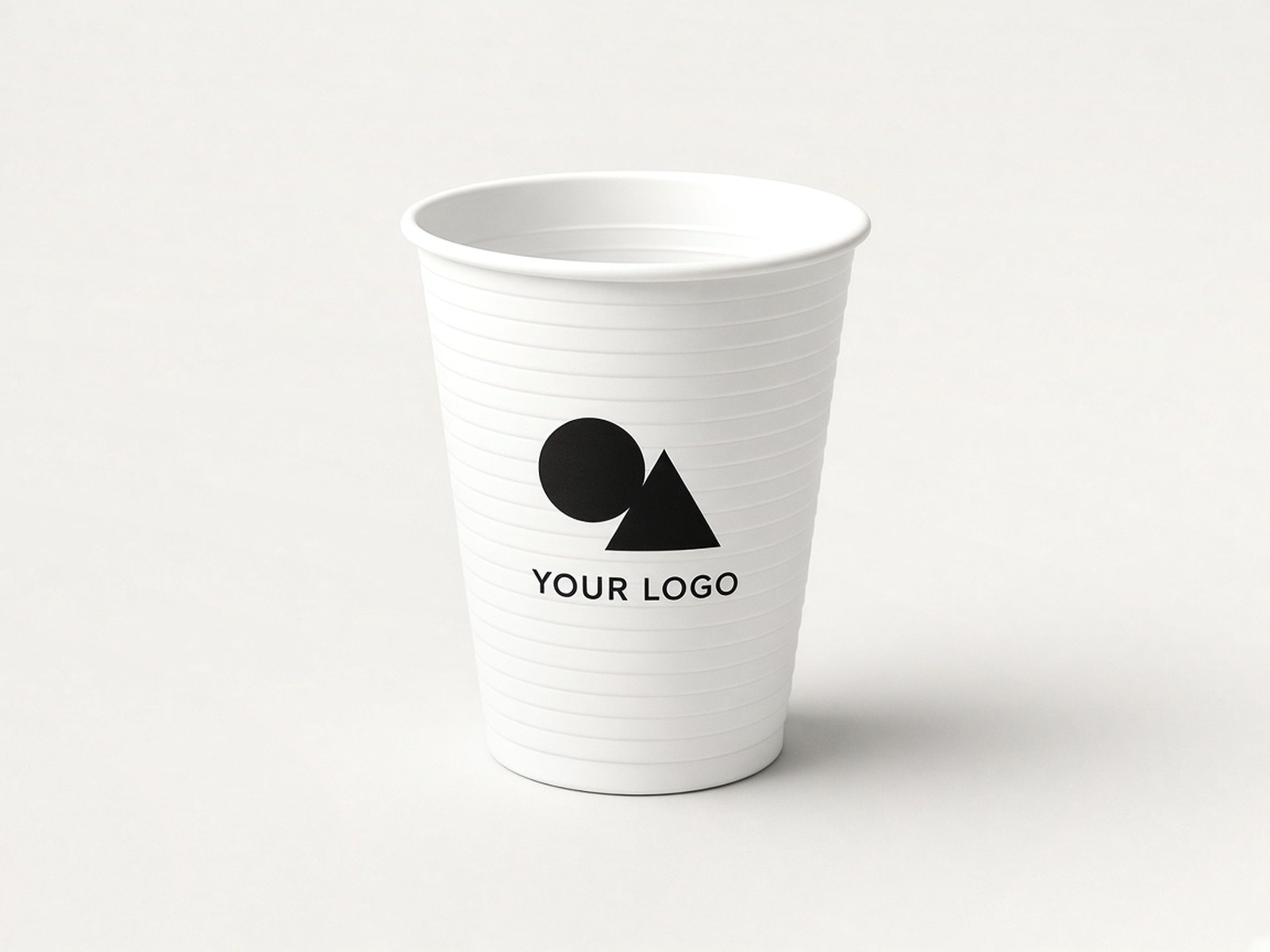 A white plastic party cup printed in black with an example logo.