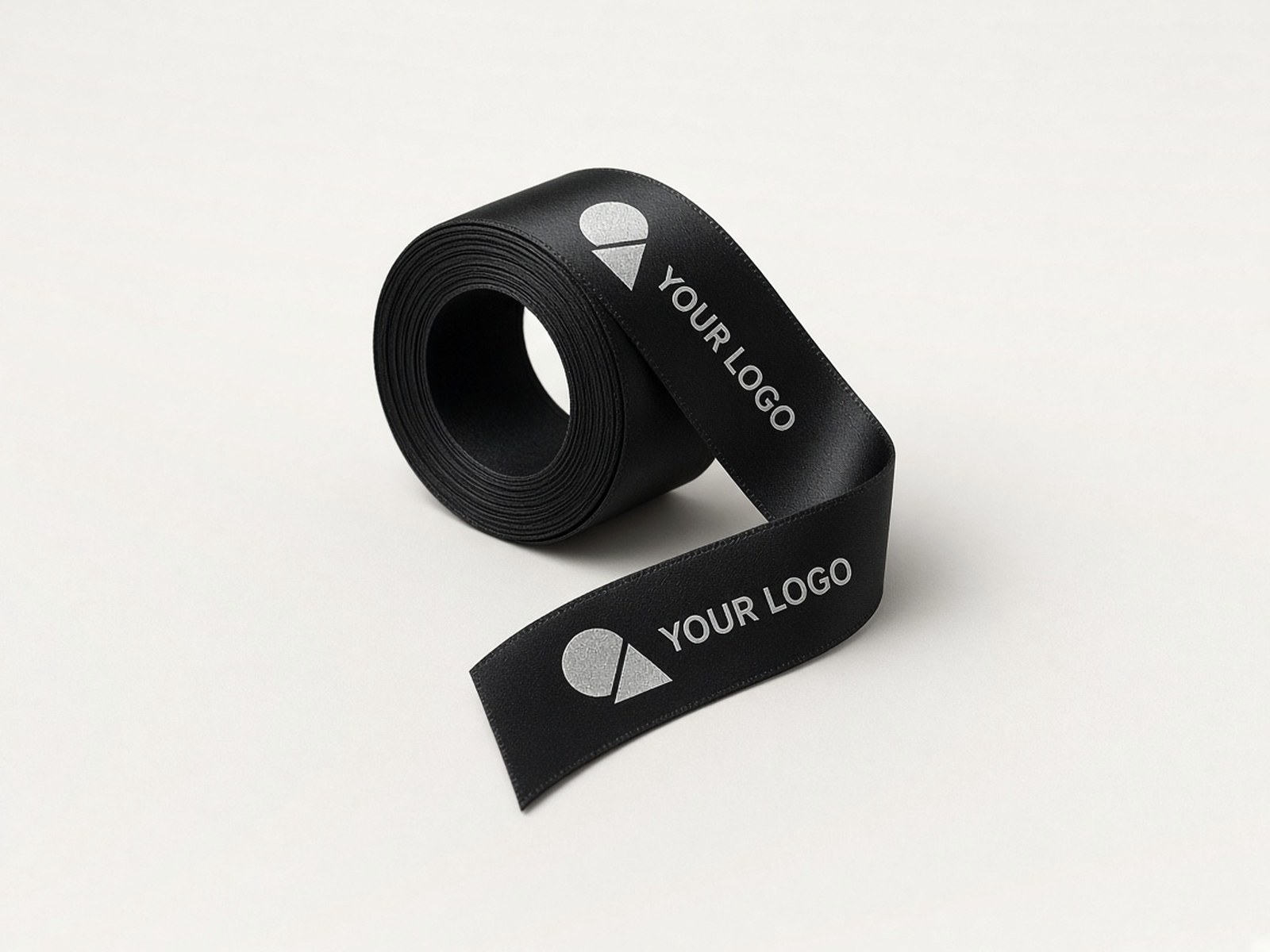 A roll of black satin ribbon foil-stamped in silver with an example logo.